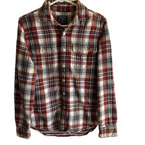 AMERICAN EAGLE WOMEN'S FLANNEL SHIRT RED PLAID VINTAGE BOYFRIEND BUTTON UP SZ SM